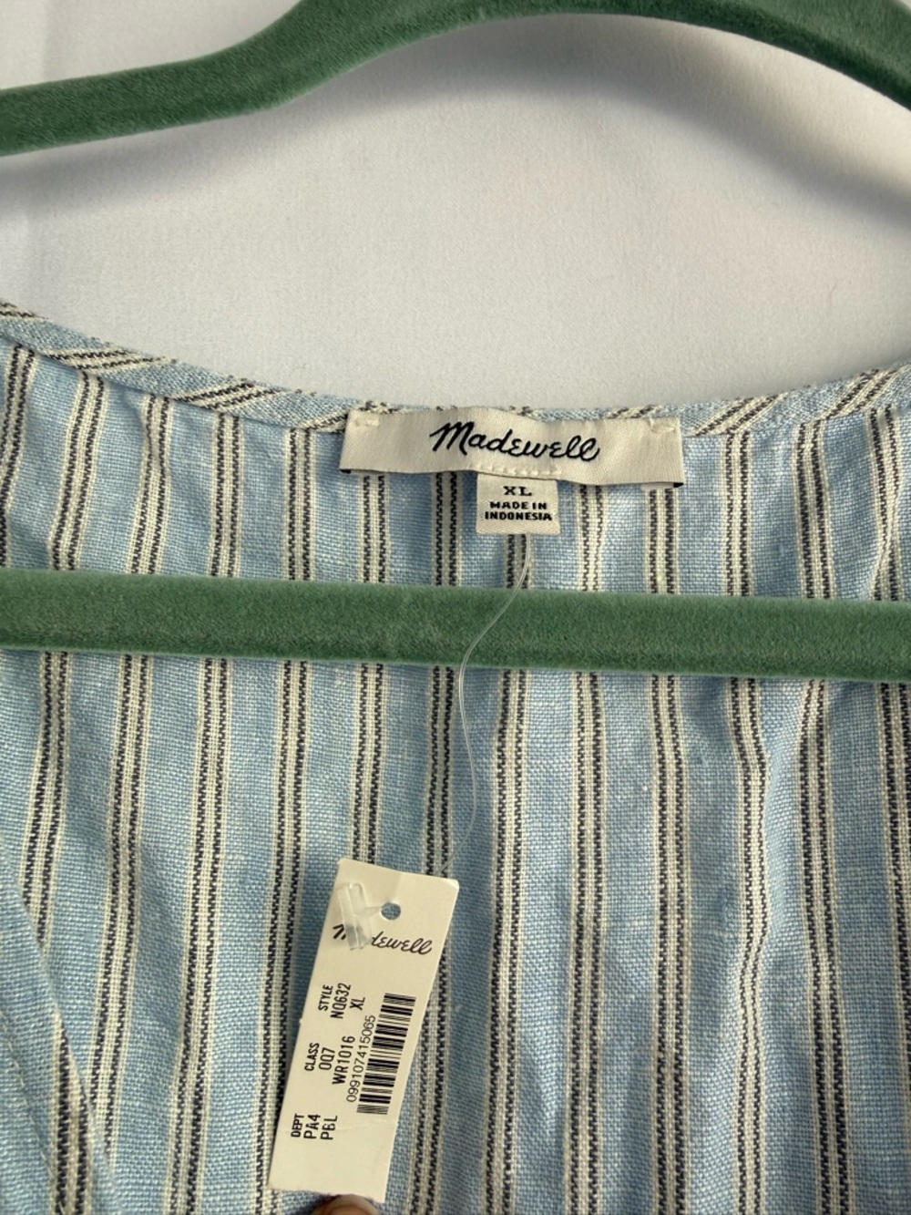 Madewell Linen Midi Dress XL Blue Stripe Button Front Puff Sleeve Pockets NWT - Picture 3 of 6